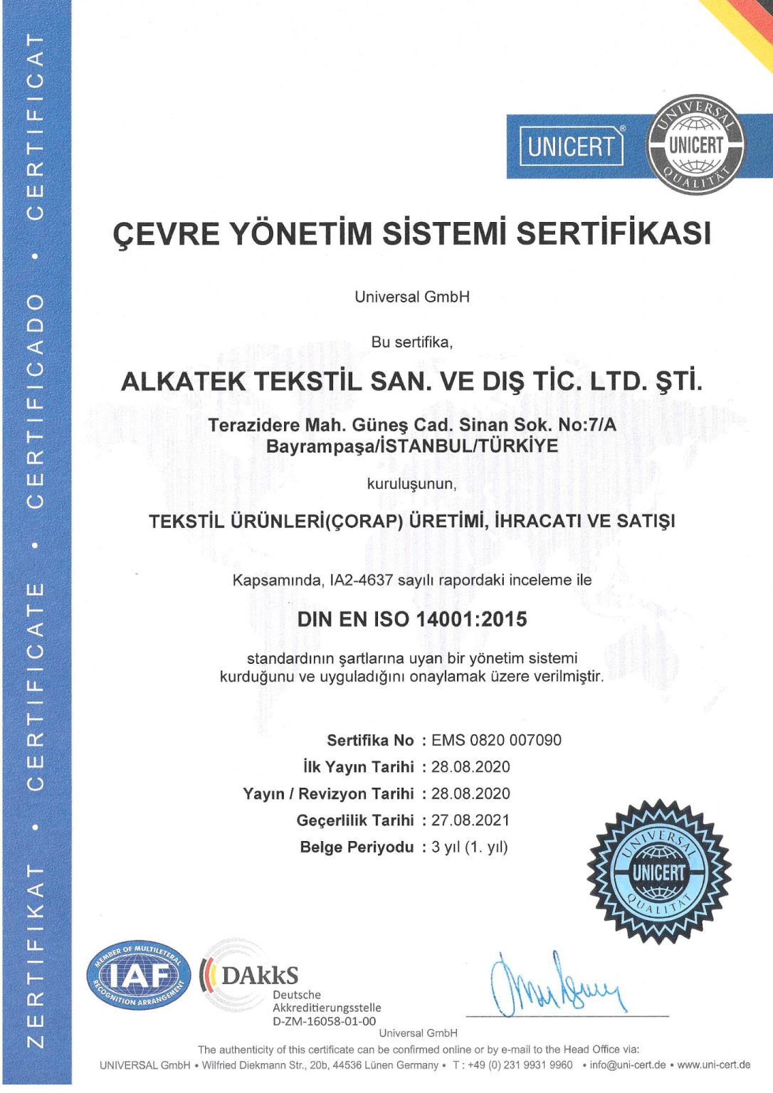 Alkatek Çorap - Çevre Yönetim Sistemi Sertifikası