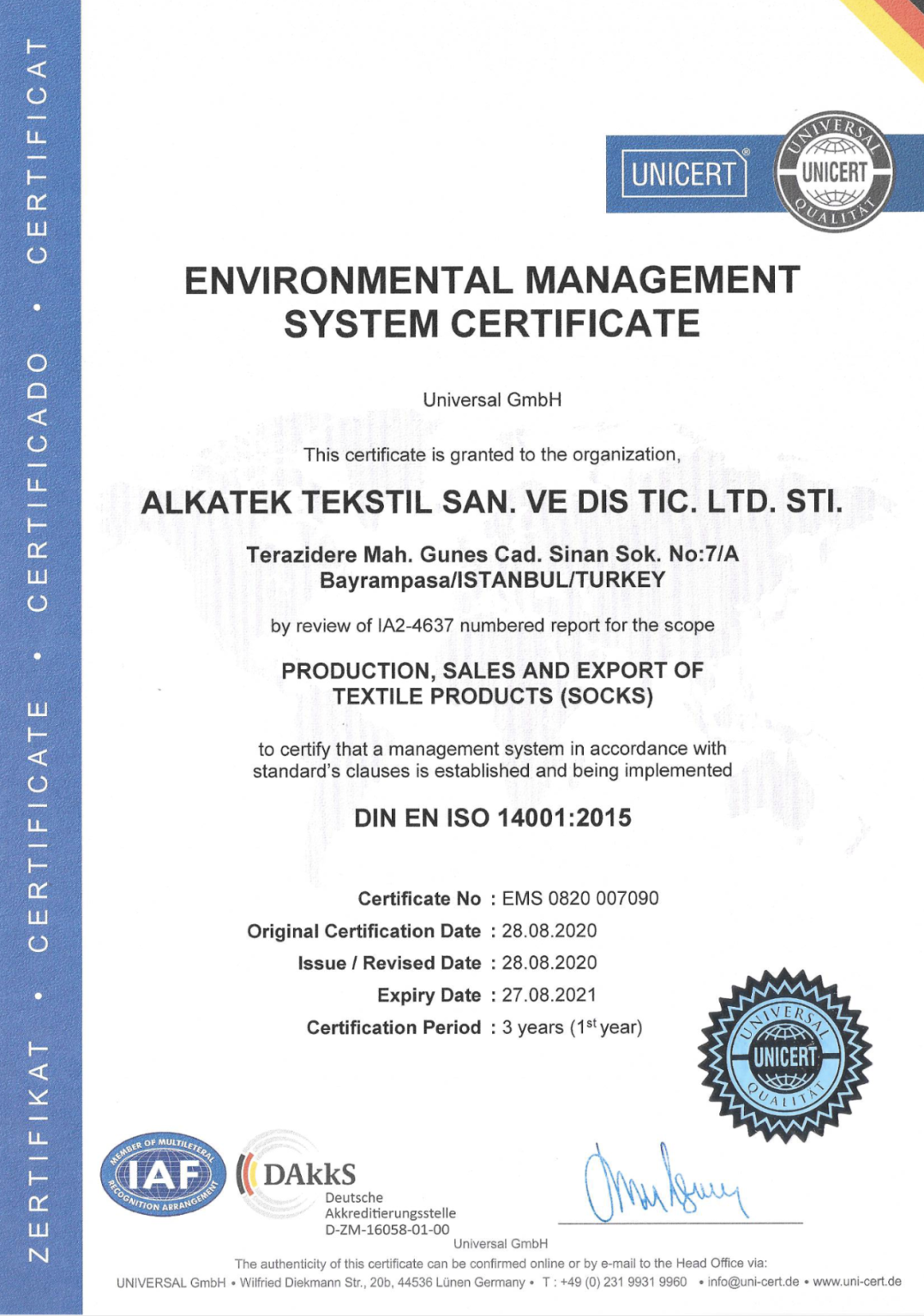 Alkatek Çorap - Environmental Management System Certificate