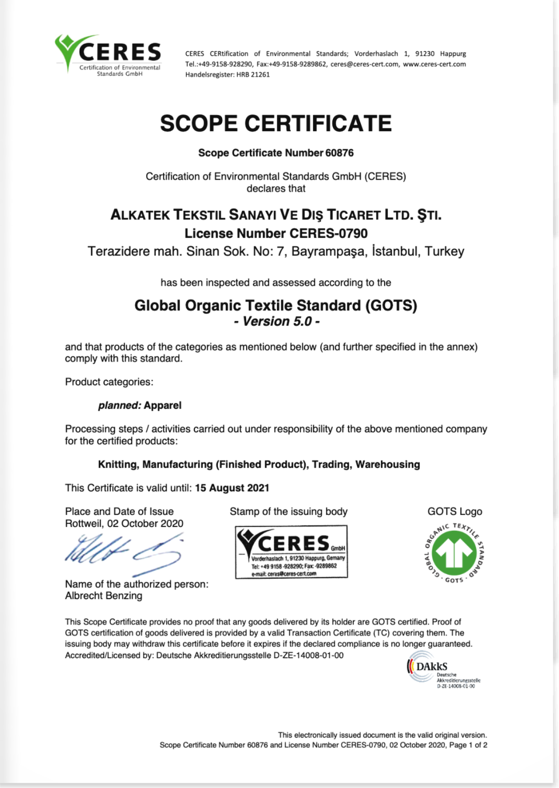 Alkatek Çorap - GOTS Certificate