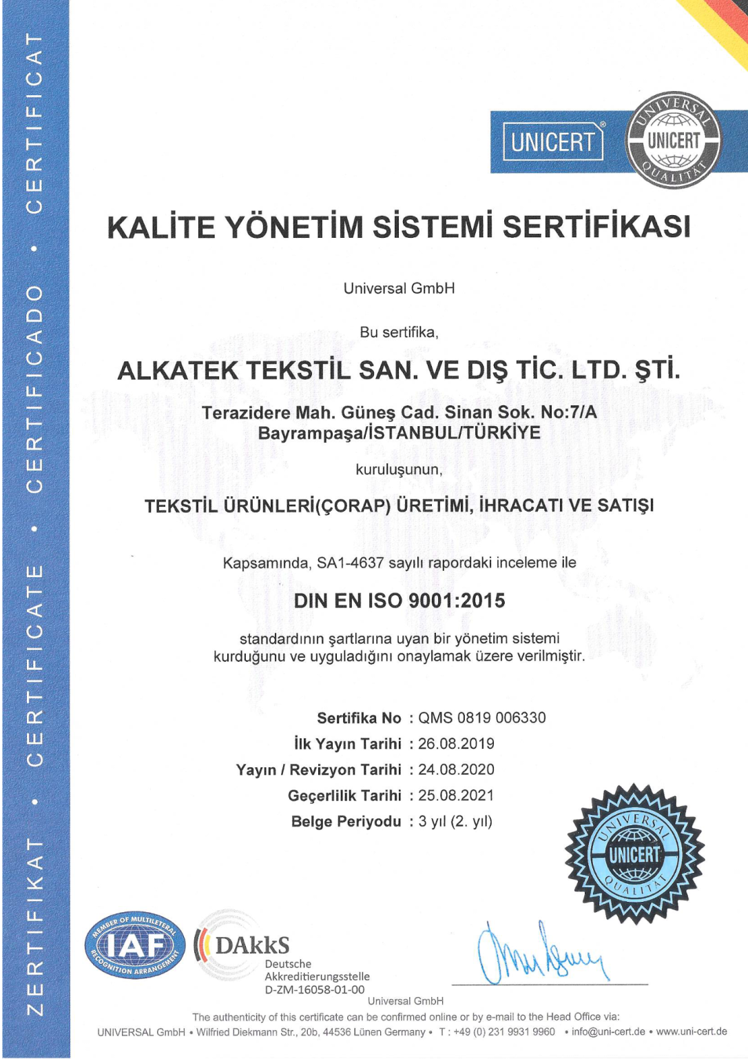 Alkatek Çorap - Kalite Yönetim Sistemi Sertifikası