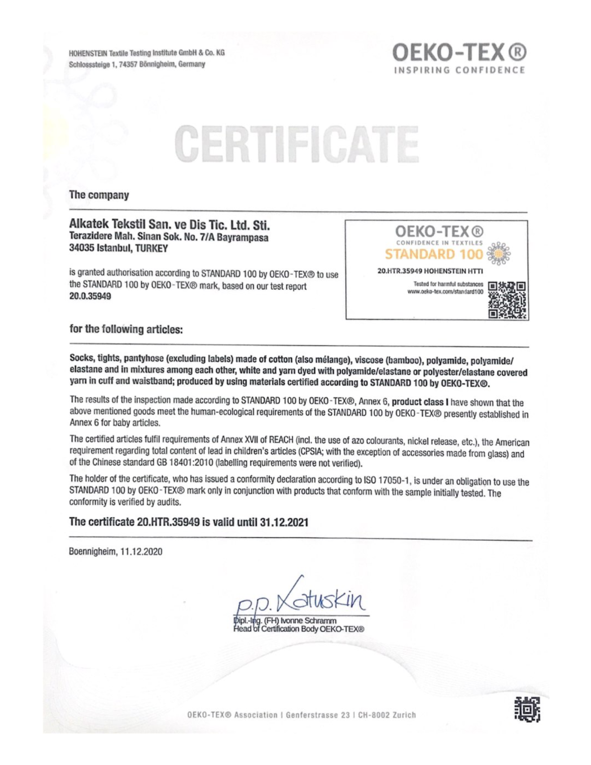 Alkatek Çorap - OEKO-TEX Certificate