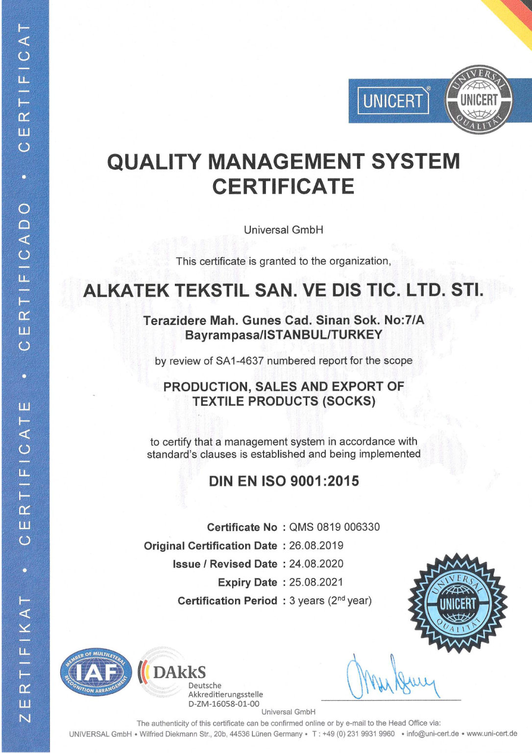 Alkatek Çorap - Quality Management System Certificate